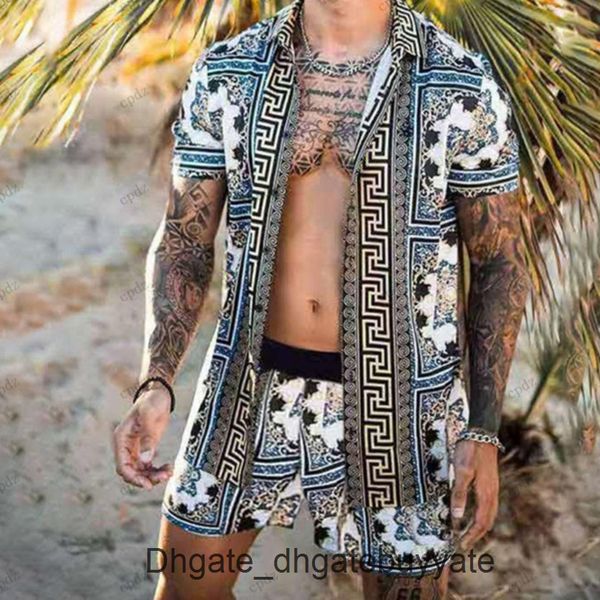 

men's summer casual shirts tracksuit hawaiian sets t-shirts printing luxury swim short sleeve button men shirt suit vacation beach fash, White;black