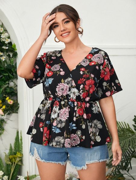 

plus floral print surplice neck belted peplum 76av#, Black