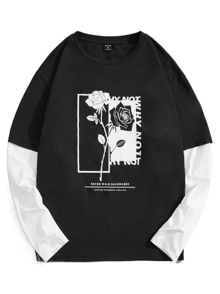 

men slogan & floral print 2 in 1 tee 967x#, White;black