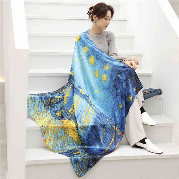 

oil painting style large square scarf women's autumn and winter new beautiful brocade graffiti personalized silk 110cm shawl, Blue;gray