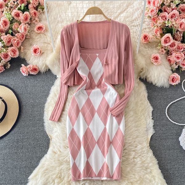 

autumn knitted two piece set women long sleeve sweater cardigan crop spaghetti strap plaid dress sets sweet 2 suits 220810, White