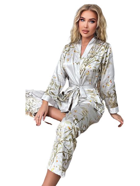 

plant print belted satin & pants pj set i4z3#, Black;red
