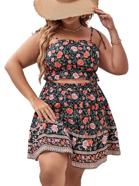 

plus floral print tie shoulder crop cami & ruffle hem skirt n5jc#, Black