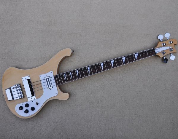 

4 string matural wood electric bass guitar with chrome hardware white pickguard