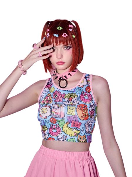 

romwe anime cartoon graphic contrast binding tank w2vh#, White