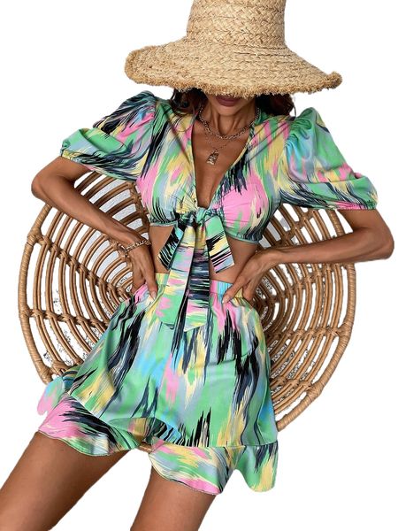 

brush print puff sleeve knot front crop & ruffle hem shorts 32ei#, White