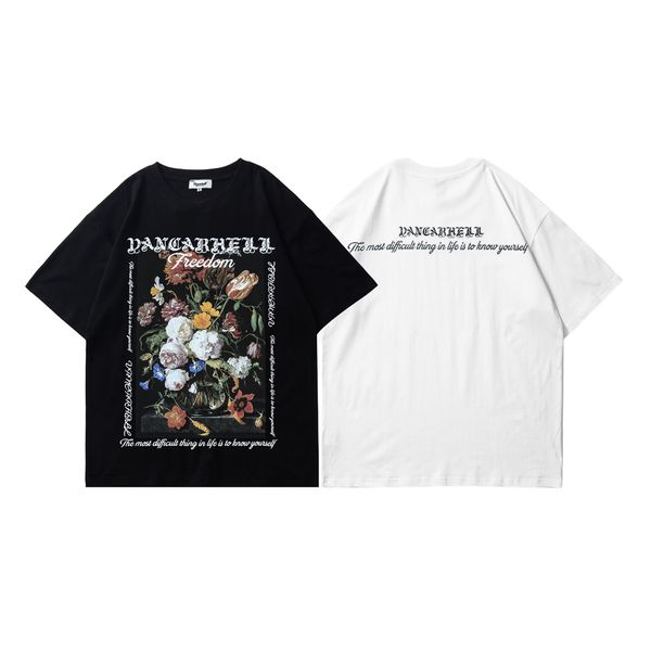 

new mens t-shirts fashion withered flower print round neck casual simple short sleeves american street style retro pullovers loose breathab, White;black