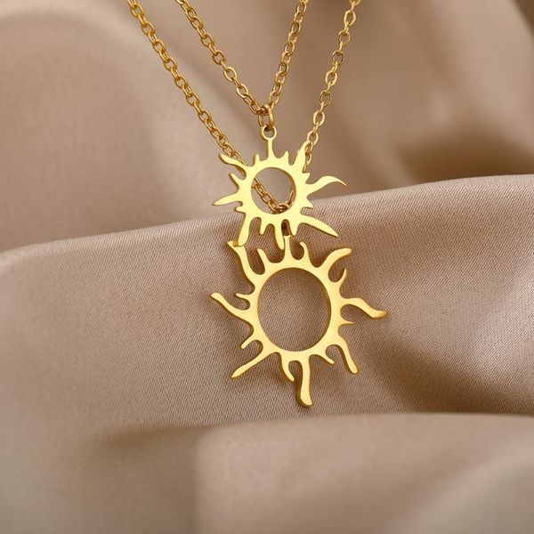 Colares pendentes Double Camadas Hollow Sun Fire para mulheres Aço inoxidável Flower Charme Colar Jóia de Jóias de Jóias Plenda