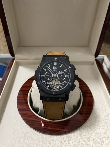 

nen mens automatic mechanical classic watches with blue fashion dial 42mm coffee colored frosted leather stainless steel black designer watc, Slivery;brown