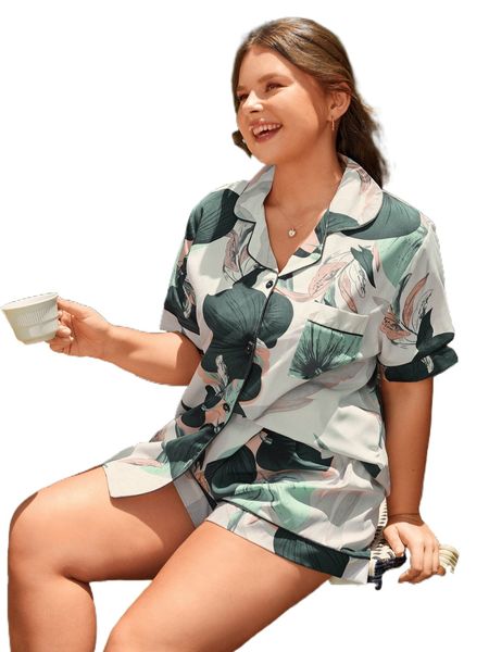 

plus tropical print contrast piping blouse & shorts pj set c48f#, Black;white