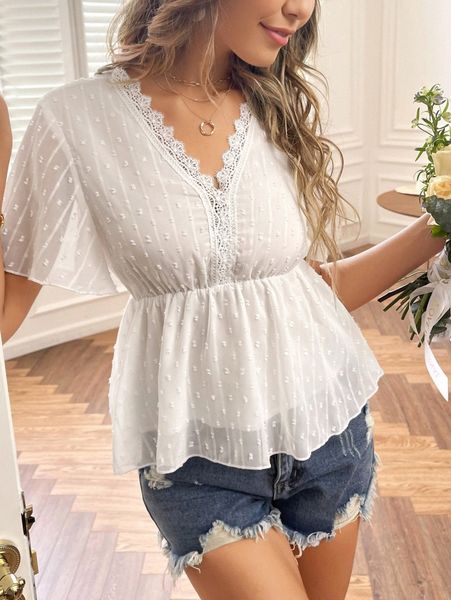 

swiss dot contrast lace blouse n6q8#, White