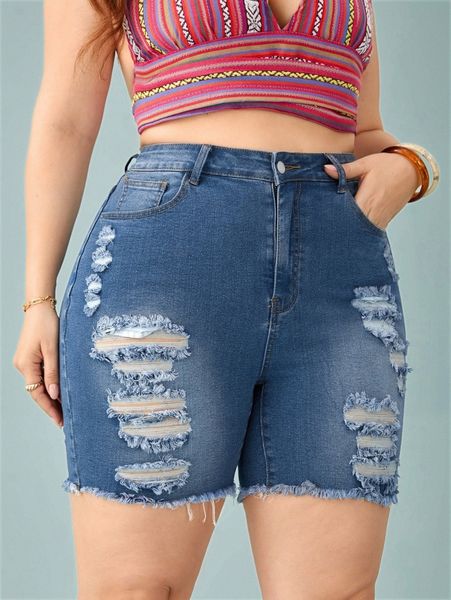 

plus ripped raw hem skinny denim shorts b7gt#, White;black