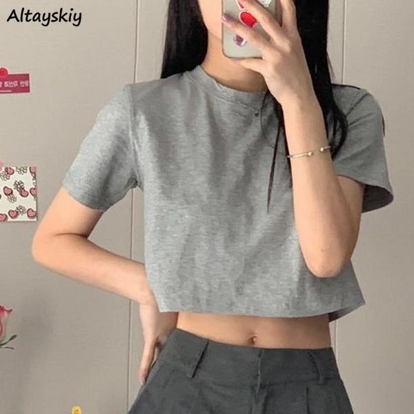 

t-shirt women cropped solid tee minimalist slim casual fashion preppy chic basic korean style streetwear, White