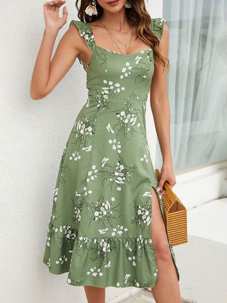 

floral print ruffle trim split thigh dress x5rj#, Black;gray