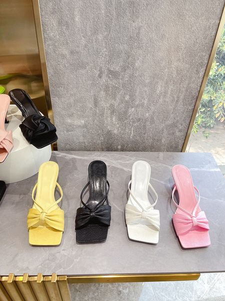 

2022 summer new sandals leather high-heeled bow slippers women's square head cat heel sandals mules, Black
