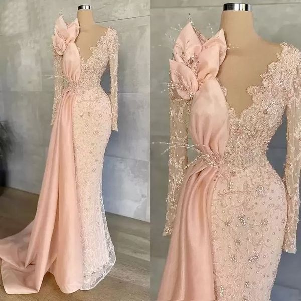 Pêssego rosa de manga longa para a noite vestidos formais de renda brilhante Sereia de ilusão de miçango Aso ebi African