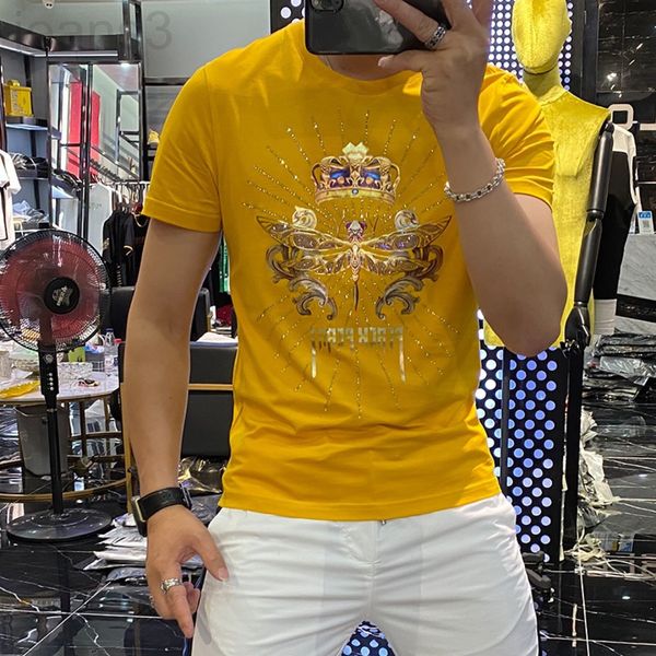 

men's t-shirts designer 2021 summer new personality trend slim dragonfly drill printed jade silk t-shirt men's short sleeve fashio, White;black