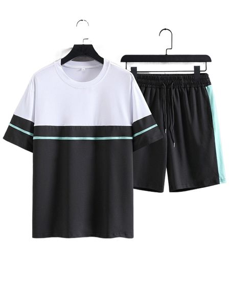 

men colorblock contrast tape tee & side seam shorts u2pp#, Gray