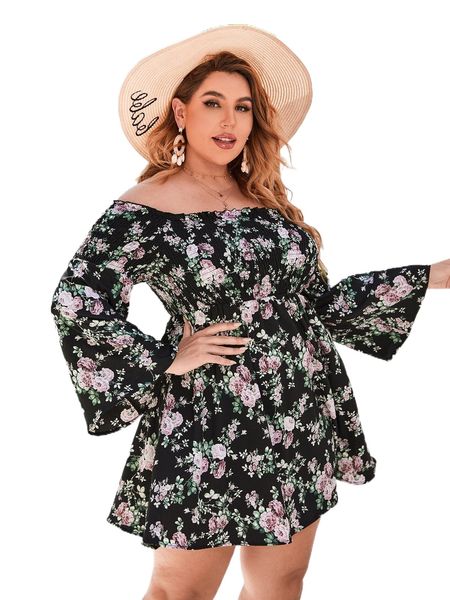 

plus floral shirred lettuce trim off shoulder dress i9s4#, Black