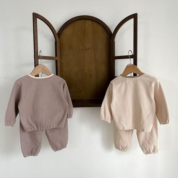 Kleidungssets Baby-Kleidungsset Frühling Dünne einfarbige Langarm-Rundhals-Oberteil Hose Zweiteiliger Anzug Geborene Baumwollhose OutfitKleidung