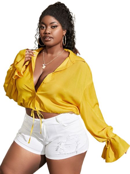 

plus collar flounce sleeve knot button front blouse x8cf#, Black