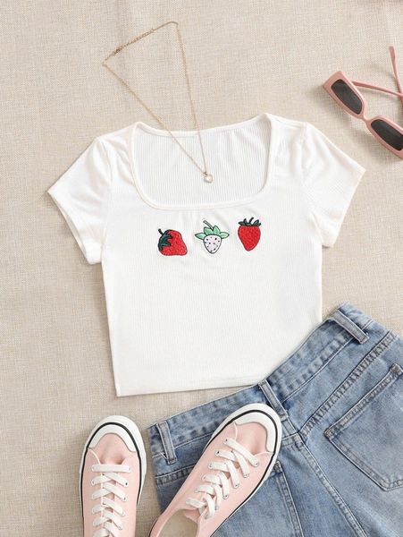 

strawberry embroidery scoop neck crop tee c5zo#, White