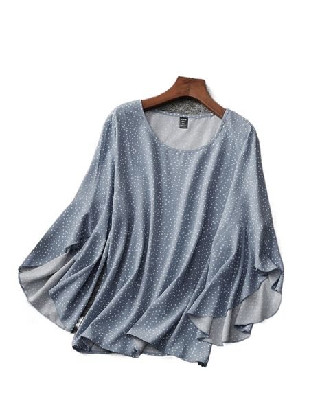

plus polka dot print flounce sleeve blouse v2vd#, Black