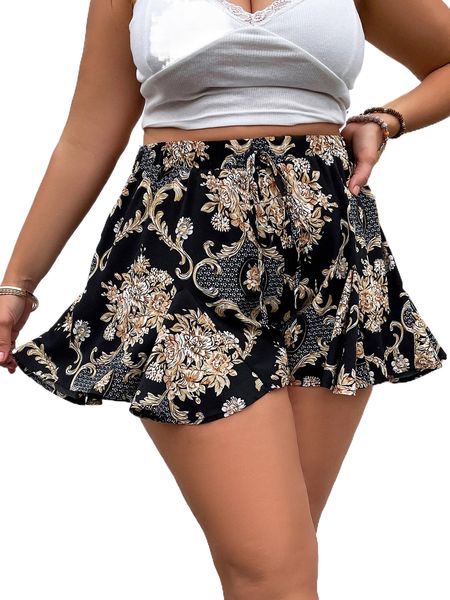 

plus baroque print tie front godet shorts f7hm#, Black