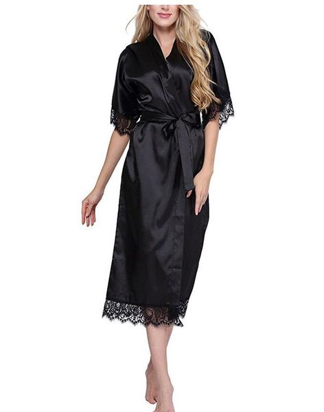 Damen-Nachtwäsche, hochwertige schwarze Damen-Seide-Rayon-Robe, sexy lange Dessous, Kimono, Yukata-Nachthemd, Übergröße, S, M, L, XL, XXL, XXXL, A-050Women