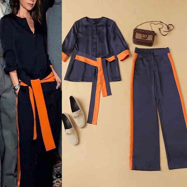 

women's two piece pants early spring street women's suit contrast lace up high waist wide leg pants fashion two-piece set women, White