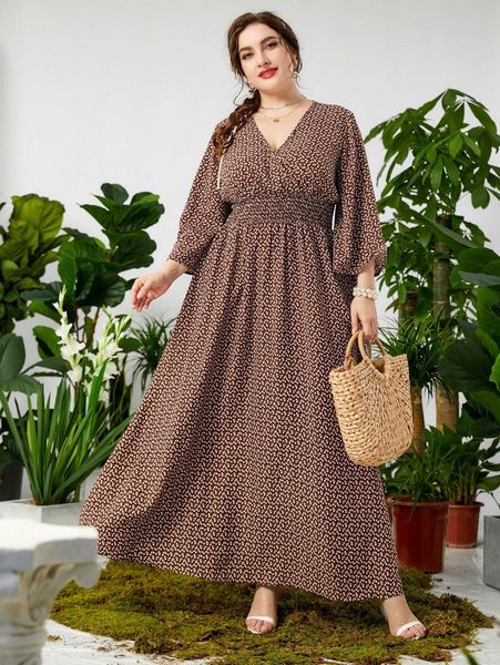 

plus ditsy floral shirred waist overlap collar trumpet sleeve dress l05d#, Black