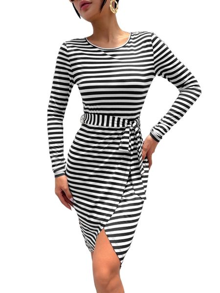 

striped print belted wrap hem dress g1py#, Black;gray
