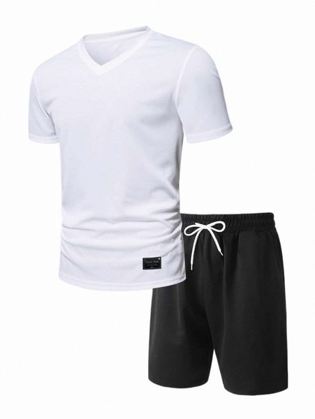 

men patch detail tee & drawstring waist shorts x4ne#, Gray