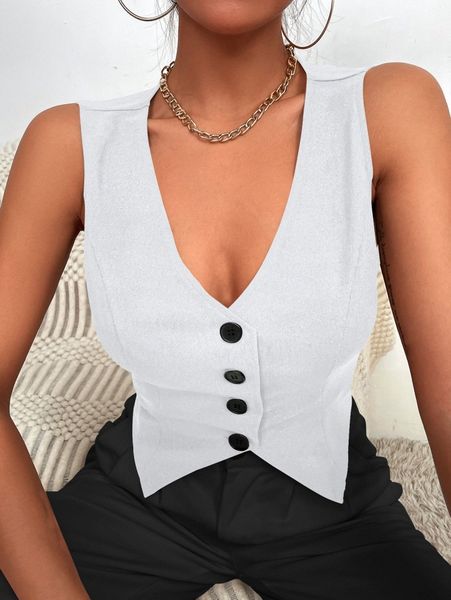 

asymmetrical hem button front vest blazer m2tn#, White