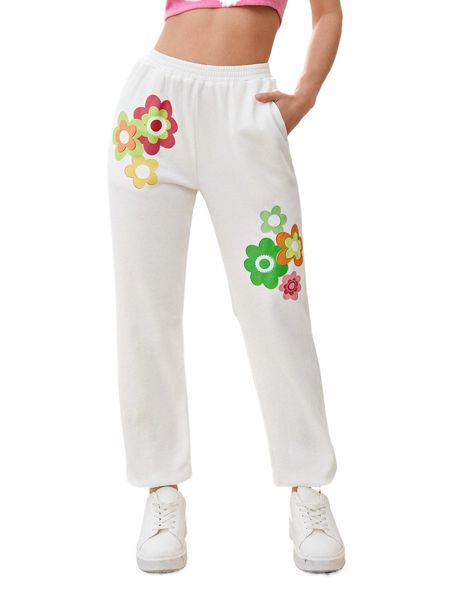 

floral print elastic waist sweatpants e6zy#, Black;white