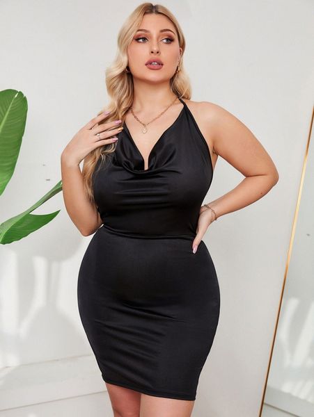 

plus cowl neck tie backless halter bodycon dress n42f#, Black