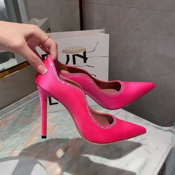 Luxury New AMINA MUADDI Womens High Heel Shoes Pumps 10CM 100% tessuto di seta pura Diamond Wedding Party Shoes Size 35-41