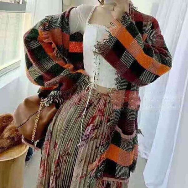 

women's sweaters women's colored plaid knitted cardigan loose sweater tassel wool jacket, White;black