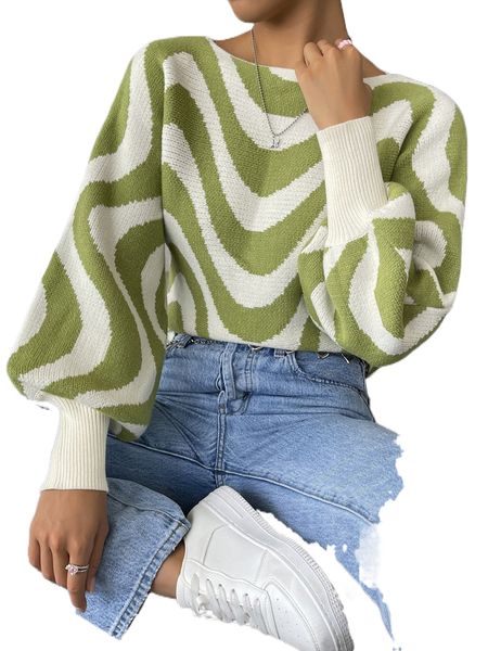 

wave stripe pattern lantern sleeve sweater s9lu#, White;black