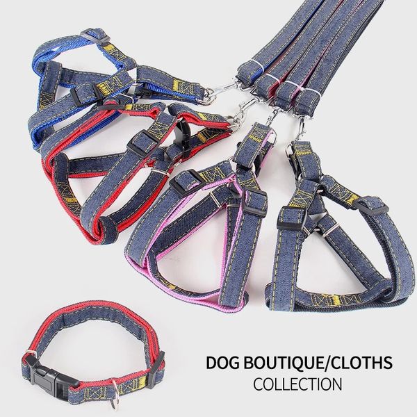 Collari per trazione per animali domestici Cintura toracica in denim Collare per cani 2 pezzi Corde per cani Catena Forniture per animali domestici Corda moda cowboy