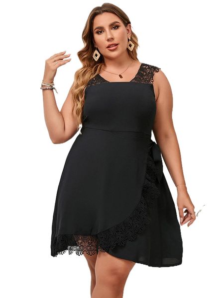 

plus contrast guipure lace tie back dress c6ph#, Black
