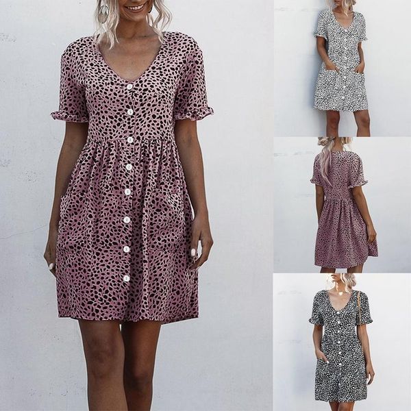 

party dresses kf-women's leopard print buttoned dress bohemian short sleeve pleated mini, White;black