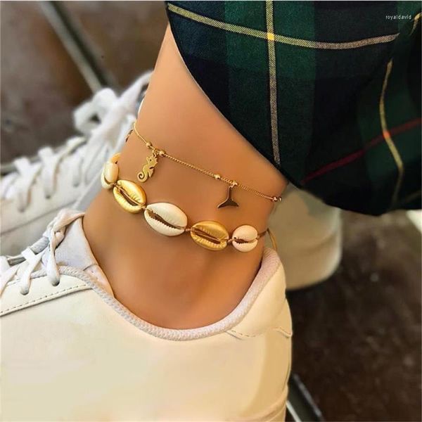 Неклеты 2 шт -шт/Set Fashion Women Seahorse Fishail Pendate Shell Pronation Prained Rope Gold Anklet Set Lady Simple Beach Party Jewelry Roya22