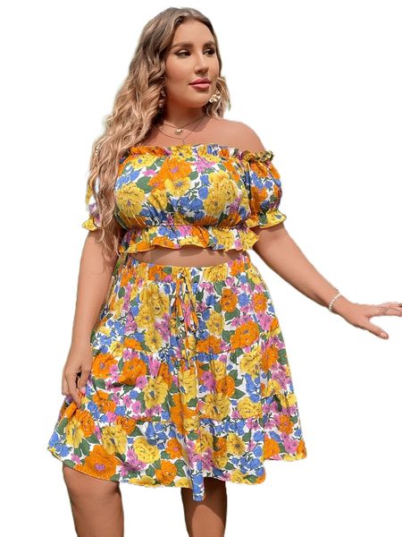 

plus floral print off shoulder crop & ruffle hem skirt n4vj#, Black