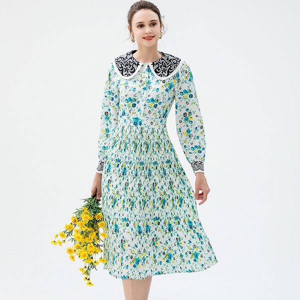 

women's runway dress peter pan collar long sleeves printed high street fashion casual dresses vestidos, Black