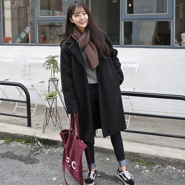 

women autumn winter black straight loose long woolen coat female button up overcoat cardigan outerwear 201102