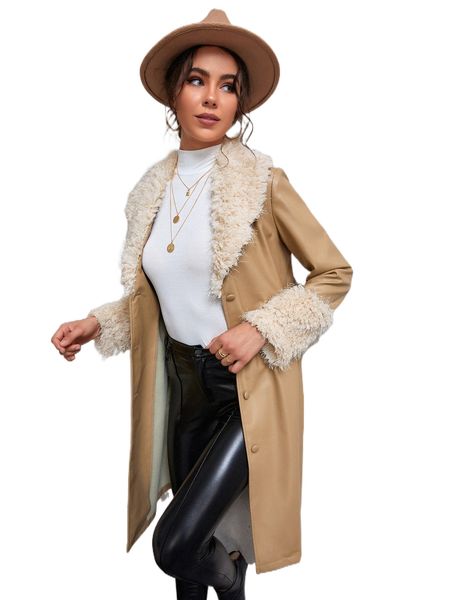 

fuzzy waterfall collar pu trench coat q7lv#, Tan;black