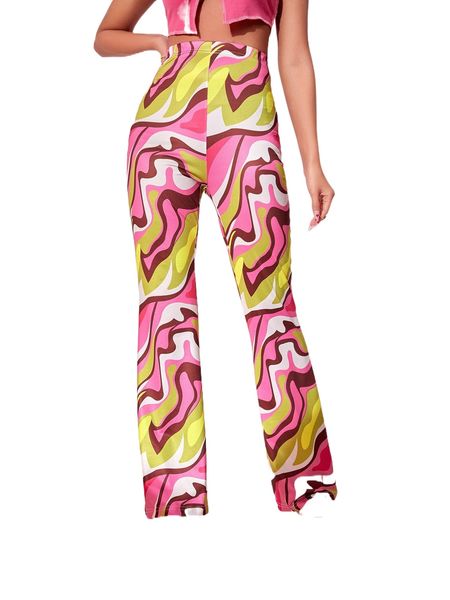 

all over print high waist flare leg pants g3co#, Black;white