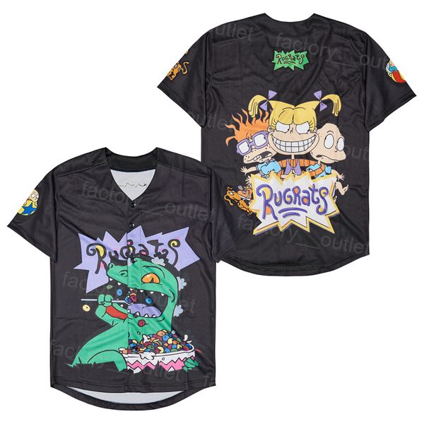 Tappeto da uomo Moive Baseball Dinosauro Rats RugRats Jersey Blank Hip Hop Tutto cucito Colore della squadra Nero per gli appassionati di sport Base fresca e traspirante Cooperstown Puro cotone HipHop