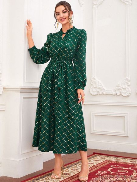 

gold argyle print lantern sleeve tie neck belted dress k65r#, Black;gray